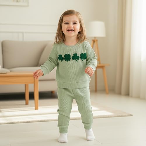 Image of Toddler Baby Boy St Patricks Day Outfit Infant Lucky Clover Sweatshirt Pants Set Little Kids Spring Warm Clothes
