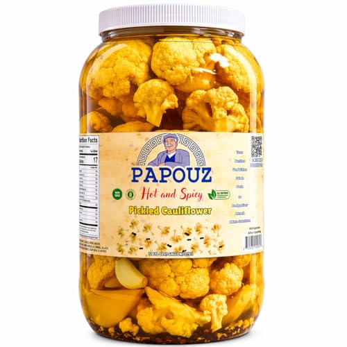 Pickled Cauliflower, Hot and Spicy, 1 Gallon/ 128 FL OZ, All Natural, Low Calorie, Gluten Free, Fat Free, No Preservatives, Low Sugar, Premium Pickled Cauliflower and Cascabella Chili Peppers, Yellow Color, Snack, Side Dish, or Topping, Made By Papouz