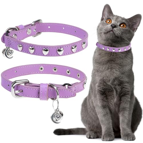 EXPAWLORER Leather Cat Collar for Girl Boy Cats,Light Purple(Heart Rivet)