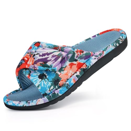 shevalues Summer House Slippers for Women with Arch Support Breathable Waffle Cotton Indoor Slippers Slip on Open Toe Home Shoes