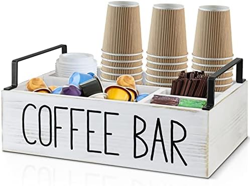 Coffee Station Organizer, Wooden Bar Accessories Organizer for Counter, Farmhouse Kcup Pod Holder Storage Basket with Handle, Decor White
