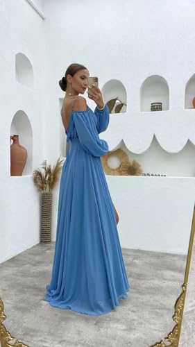 YUAOHUANG Women's Off The Shoulder Long Sleeve Chiffon Bridesmaid Dresses Long Slit Spaghetti Strap Formal Party Dress2