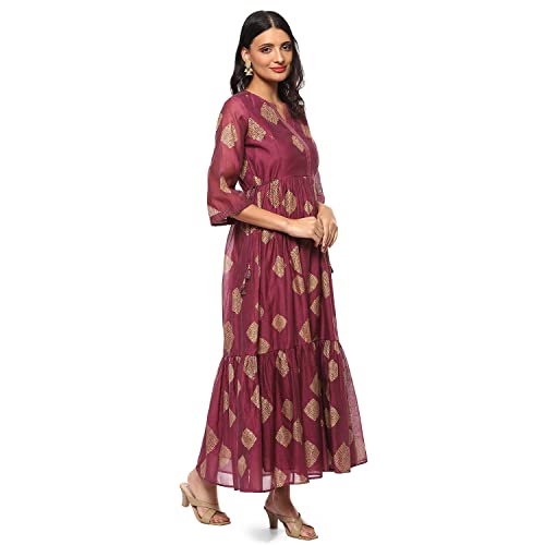 Image of BIBA Women Casual Dress Maxi Cotton Blend Tiered Printed Dress