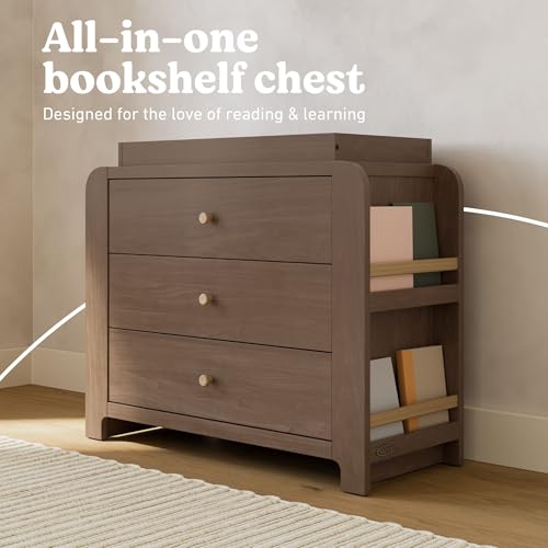Image of Graco Read-with-Me 3 Drawer Chest with Bookshelves and Removable Changing Topper (Hazelnut with Driftwood) - GREENGUARD Gold Certified, Nursery & Kids' Bedroom Wood Chest with Spacious Storage