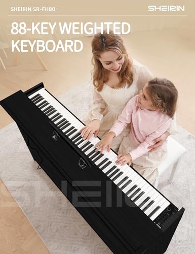 SHEIRIN Digital Piano Hammer Action Keyboard 88 Keys Upright Acoustic Electric Weighted Piano Beginner MIDI Cover Full Size Sustain Pedal Stand Real Professional SR-FH80 (Black Full Cover) - Thumbnail 2