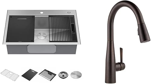 DELTA - Fregadero de cocina con remache de 33 pulgadas, montaje superior, calibre 16, acero inoxidable, cuenco individual + grifo de cocina