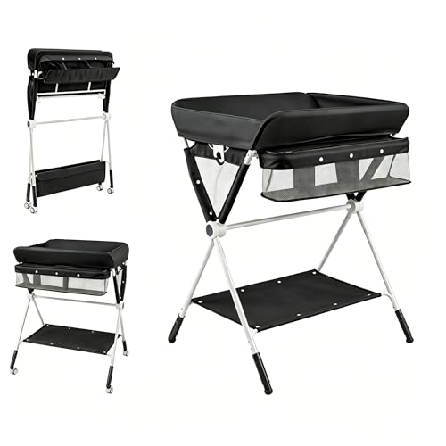 Image of HONEY JOY Changing Table, Folding Mobile Nursery Organizer w /Wheels, Adjustable Height, Storage Bag & Open Shelf, Portable Diaper Changing Station for Newborn Infant (Black, 32 inchx26 inchx39.5 inch)