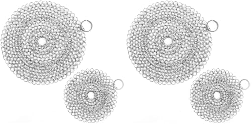 Image of Cast Iron Skillet Cleaner Chainmail,4 Pack Premium Stainless Steel Chain Maille Scrubber for Cast Iron Pans,Stainless Steel,Glassware(7IN &5IN Round)