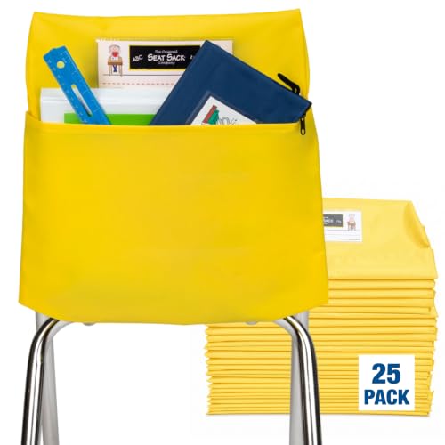 Image of Seat Sack Student Chair Storage Pocket - 15 inch, Single Pocket, Classroom Chair Organizer for Student Desks, Durable Over-the-Chair Storage, Ready-to-Use Name Tag Window, Yellow, 25-Pack Classroom Set