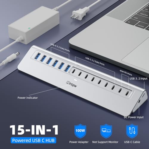 Image of Powered USB Hub 10Gbps, intpw 15-Port USB 3.2 /USB C Hub (6 x USB-A 3.2 + 7 x USB-C 3.2 10Gbps +2 x PD 45W Fast Charging Ports), 3Ft Cable, Aluminum USB Hub for PC /Laptop /iPhone 17 /16 /MacBook Neo