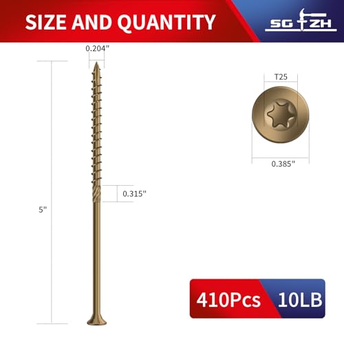 Image of #10 x 5 Inch Deck Screws (410Pcs) 10lb. Carbon Steel, Yellow, Flat Head, Rust Resistant epoxy Coated, with T25 Star Bit