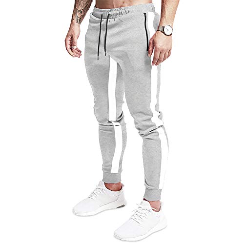 MECH-ENG Striped Jogger Pants for Men Athletic Casual Tapered Sweatpants with Zipper Pockets Workout Gym Trousers(#128 Light Grey Medium)