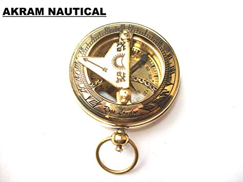 Akram Nautical - Brass Sundial Compass Ross London Brown Antique Vintage Pocket Push Button A #TOP1
