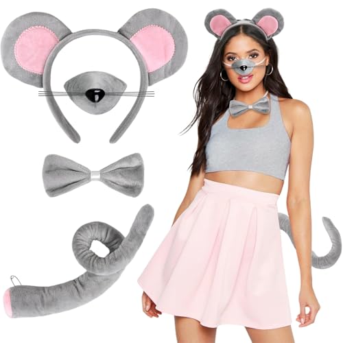 iZoeL Halloween Mauskostüm Damen Frauen, Maus Ohren Haarreif Maus Nase Schwanz Fliege Tier Kostüm Accessorie, Halloween Karneval Mottoparty Damen...