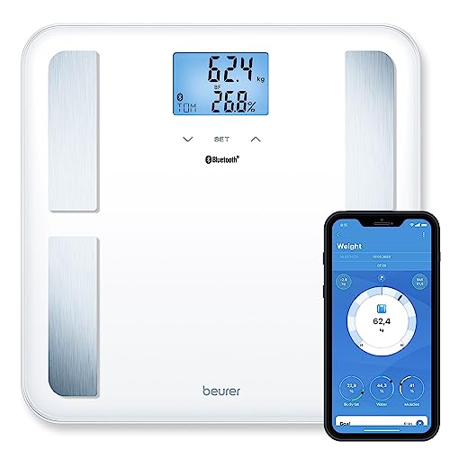 Beurer BF 850 Báscula diagnóstica blanca, superficie de apoyo extra grande, medición de grasa corporal, agua corporal, porcentaje muscular y masa ósea, requerimiento calórico AMR/BMR, IMC, con App