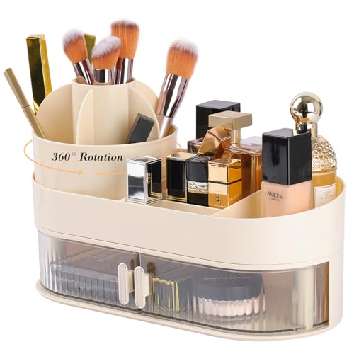 Organizador de Maquillaje Giratorio 360° con Cajón Bandejas Cosméticos Cremas Almacenaje Maquillaje para Tocador Baño Pintalabios Organizador Perfumes Skincare 2 Capas