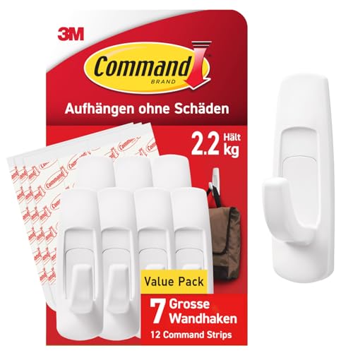 Command Mehrzweckhaken Vorteilspack Größe L Weiß - 7 Haken Selbstklebend und 12 Klebestreifen - Haken für Wand Türhaken Organisieren ohne Bohren - Hält 2 2kg
