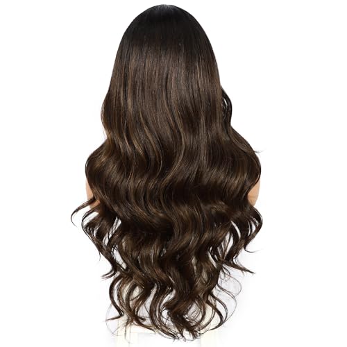 Sapphirewigs Highlight Lace Front Wig Dark Brown Dark Roots Synthetic Body Wave Synthetic Lace Front Wigs Party Date Daily Wear Christmas Natural Looking 26 inch - Image 2