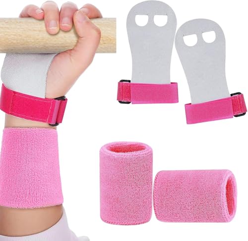 Leanockesa 2 Packs Gymnastics Grips Wristbands Sets, Palm Protection & Wrist Support for Training, Workout, Sports Accessories(Pink)