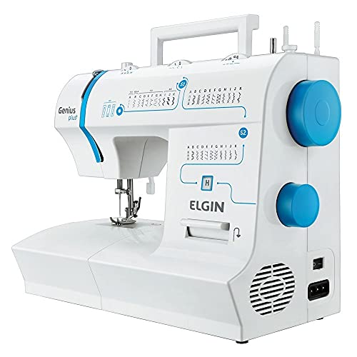 Máquina de Costura Portátil Elgin Genius Plus JX-4035 220V Branca e Azul para Uso Doméstico