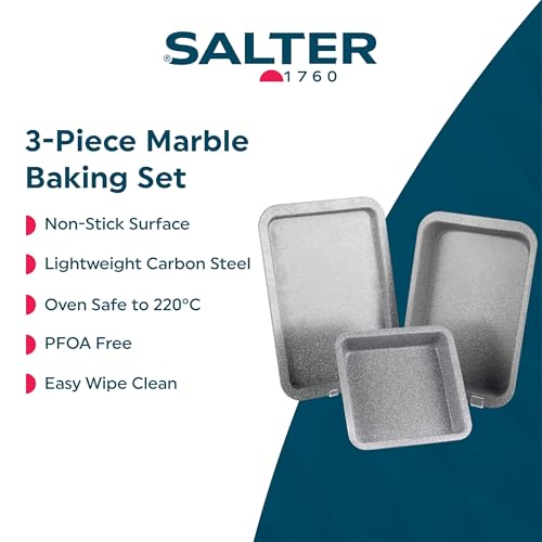 Salter Marblestone 3-Piece Baking Set - Non-Stick Oven Trays, Lightweight Carbon Steel, Easy Wipe Clean, Includes a 36cm Roaster, 37cm Baking Tray, 23cm Square Tray, Oven Safe to 220°C, PFOA Free - Image 3