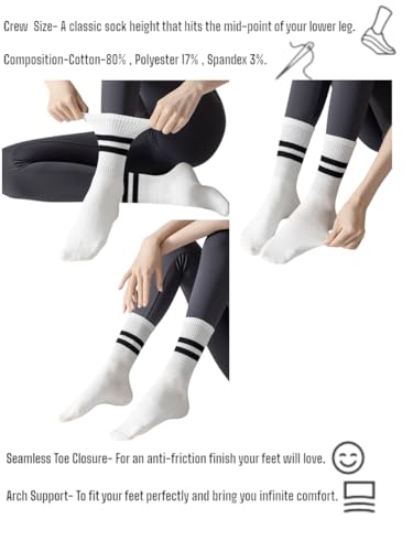 Women’s Athletic Crew Socks with Arch Support – 4 Pairs, Striped Design – Comfortable Daily Wear Socks, Size 6–9 (White, Cream, Black, Gray) for all day comfort.3
