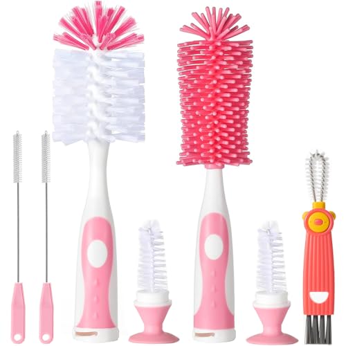 Image of 5 in 1 Bottle Cleaner Brush Set with Nylon and Silicone Bottle Brush, Straw Brush, Bottle Brush with Nipple Cleaner and Suction Cup, Cup Lid Cleaner Brushes Kit, BPA-Free (Pink)