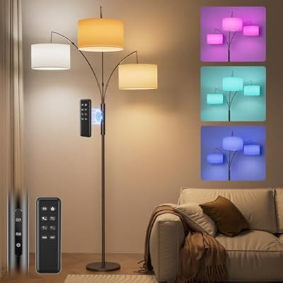 SIBRILLE 36W RGB Arc Floor Lamp with 3 White Fabric Shades, 3000LM Super Bright Standing Lamp with Remote Control & Touch, Stepless Dimming, Individual Light Control for Living Room, Bedroom