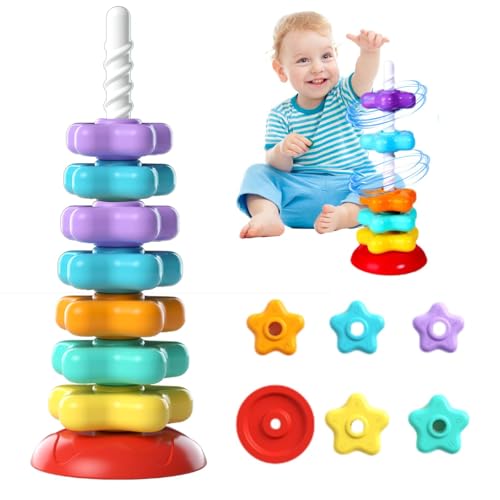 SPEPROECO Spinning Stacking Toys, Baby Sensory Spin Gears Stacking Toy, Rainbow Spinning Wheel Toy Toddler Stacking Toy Early Education Kids Brain Development Toy for 12 Months (A-7 Tier)