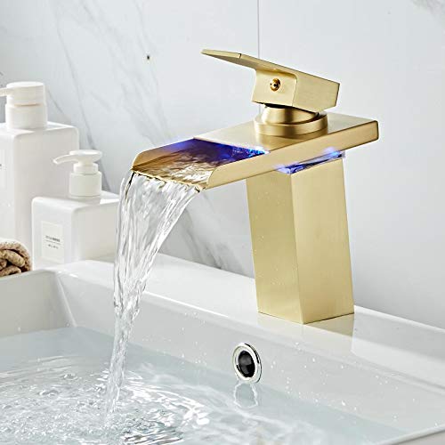 Grifo LED de cascada monomando en latón blanco y dorado para lavabo de baño sobre encimera