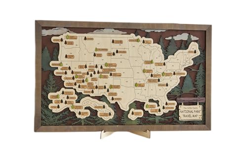 LEMAP US Wooden National Parks Travel Map With Trees To Record Park Visits (Size M: 17.5 x 11 inch) - 1 Design