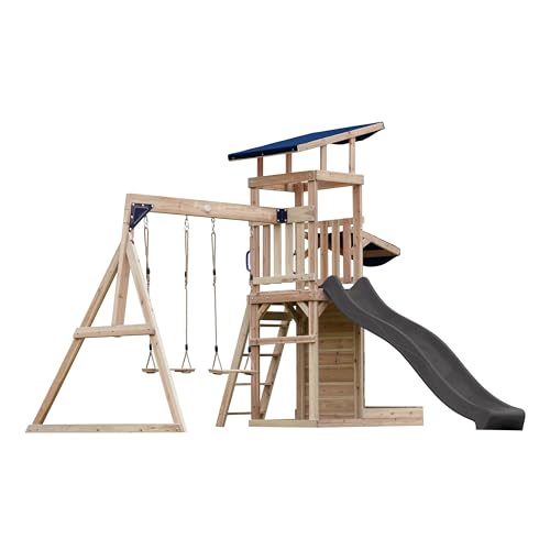AXI Malik Aire de Jeux en Bois avec 2 Balançoires, Toboggan Gris/Aire de Jeux Extérieur, Bac à Sable, Mûr de Jeux/Toboggan avec raccordement à Eau |...
