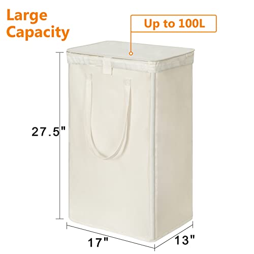 Image of WOWLIVE 100L Laundry Hamper with Lid, Large Foldbale Laundry Basket with 2 Removable Bags and Handles, Tall Collapsible Dirty Clothes Hamper for Laundry Room, Bathroom, Dorm (Beige)