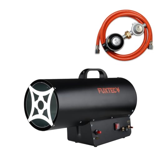 Generador aire caliente FUXTEC GH51 cañón gas con adaptador bombonas ESPAÑA, calentador, tubo conexión y reductor presión, potencia térmica 50 kW, flujo aire 650 m³/h.