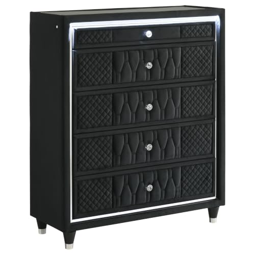 Coaster Home Furnishings - Lorient - Wood and Velvet - 5-Drawer Chest with Built-in LED Lighting, Crystal Knobs and English Dovetail Joinery - Bedroom - Black - 223165