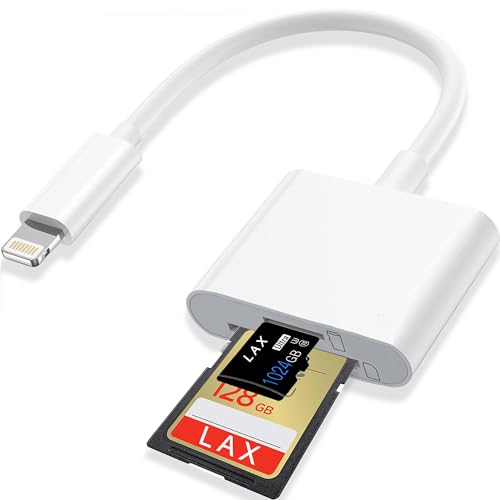 Lightning to Sd Card Reader for iPhone Camera, [Apple MFi Certified] Dual Card Slot Memory Card Readers Supports SD and TF Card, Plug and Play Sd Card Adapter Compatible with iPhone by LAX - Used condition - US$8.70