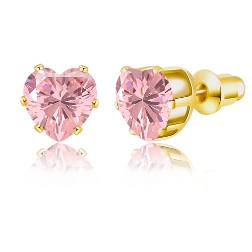 8mm Heart-Cut Birthstone Stud Earrings for Women – 18K Gold Plated Hypoallergenic Cubic Zirconia Earrings, Nickel Free, 12 Months Colors, Everyday Jewelry, Gift for Her, Bridal, Birthday, Christmas