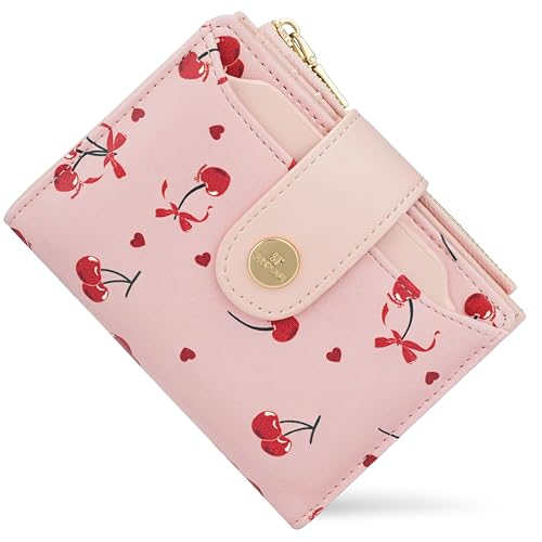 Image of Small Womens Wallet,Bifold Leather Wallet for Women RFID Card Holder Ladies Compact Pocket Wallet for Crossbody Bag (Cherry)