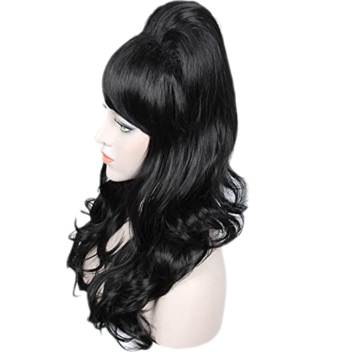 Image of Linfairy Long Wavy Black Wig Big Bouffant Beehive Wigs for Women fits 50s 80s Costume
