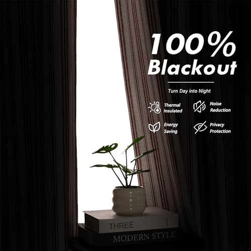 Image of MYSKY HOME Striped Curtains 100% Blackout for Girls Bedroom 84 Inches Long Red Stripe Patterned Linen Blend Double Layer Farmhouse Rustic Drapes, Grommet, 2 Panels, 52 inch Wide