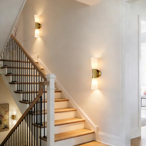 Image of Bathroom Wall Sconce, Modern Indoor Vanity Light Fixtures, Up Down Lighting, Wall Mount Lamp for Living Room Bedroom Hallway Stairway Fireplace Mirror E26 Base (White & Gold - 1pack, 13inch)