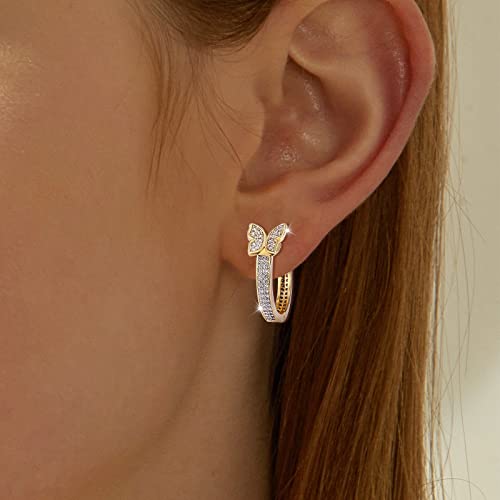 18k Gold Women's Small Gold Butterfly Hoop Earrings, Shining White Cubic Zirconia Geometry Beads Butterfly, Simple Lightweight Hoops Gift for Women2