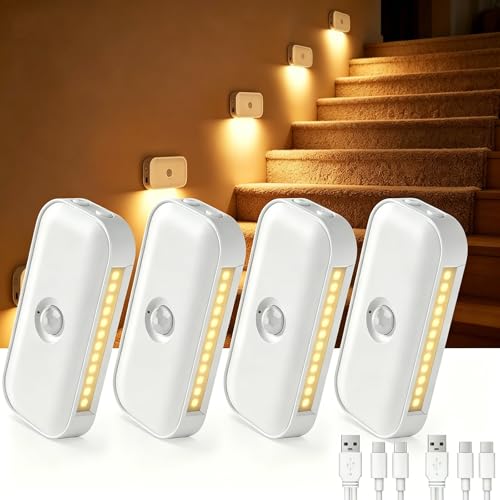 4er Set Nachtlicht mit Bewegungsmelder USB-C Aufladbares Treppenlicht Innen Treppenbeleuchtung mit 5 Helligkeit Einstellbare AUTO/OFF/NIGHT Modi 2700K Warmweiß für Schlafzimme Gang Küche Flur