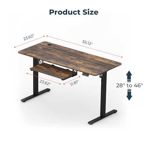 FitStand Standing Desk with Keyboard Tray, 55x24 Inch Electric Adjustable Height Desk, Stand Up Desk Computer Workstation for Home Office, Rustic Brown