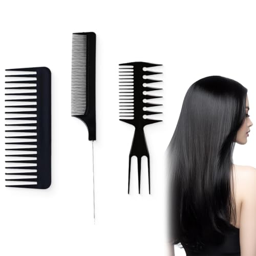 NJCXOLA 3 Piezas Peine de Fibra de Carbono, Peine de Cola, Peine de Peluquería Profesional, Peine de Barbero, Peines para Hombres y Mujeres, Antiestático y Resistente al Calor