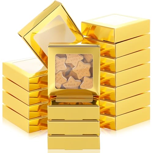 Zonon 30 Pcs Kraft Paper Boxes with Window 4.13 x 4.13 x 1.18 Inch Candy Packaging Small Gift Boxes Soap holder Mini Treat Packaging for Bakery Chocolate Jewelry Display (Gold)