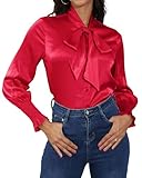 Satin Blouses for Women Dressy Smocked Long Sleeve Bow Tie Neck Shirts Casual Work Tops Red S