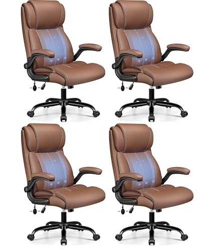 Image of BESTFAIR High Back Leather Office Chair with Air Lumbar, Flip Arms, Brown | Inflatable Lumbar Support, Flip-Up Armrests, Cushioned 21 inch Wide Seat, Scratch-Resistant PU Leather, Rocking Function, 4 Pack