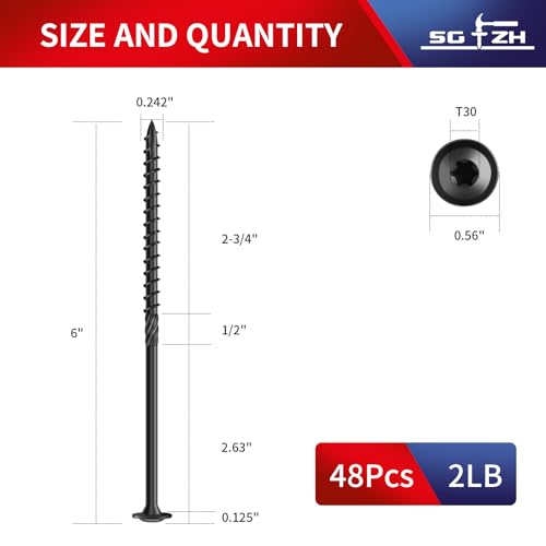 Image of #14 x 6 Inch Lag Screws (48Pcs) 2lb. Structural Wood Screw, Black, Carbon Steel, Washer Head, Rust Resistant epoxy Coated, T30 Star Bit