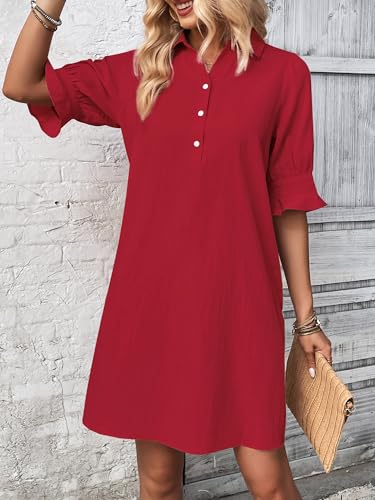 Image of FENSACE Womens Casual Shirt Dress Ruffle Sleeve Button Down Shift Summer Dresses with Pockets